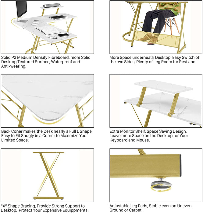 Marble Laminate L-Shaped Gaming Desk with Monitor Stand