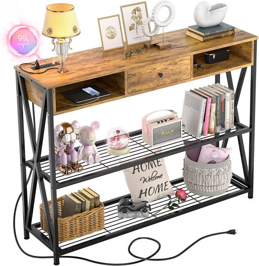 Industrial Rustic Console Table with Outlets and Drawers