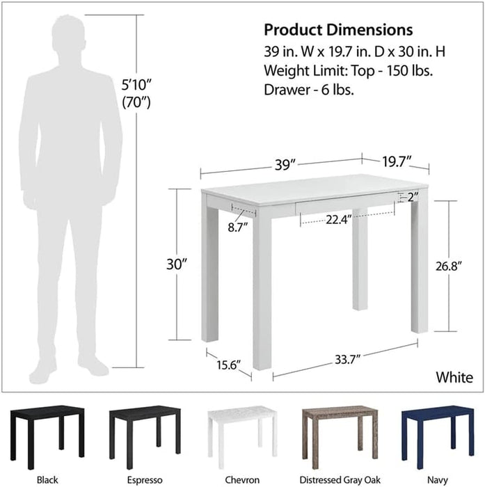 Black Parsons Desk with Drawer, 19.7D X 39W X 30H