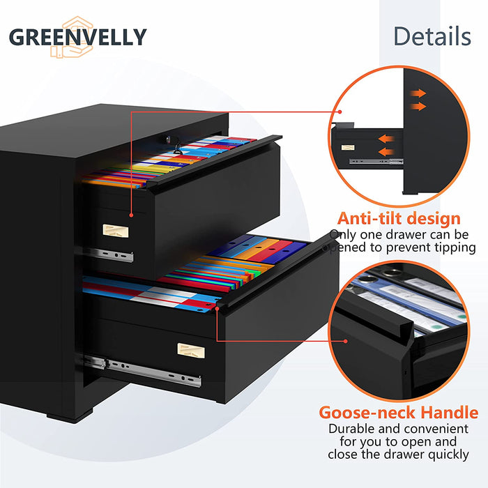 Black Lockable 2-Drawer Lateral File Cabinet
