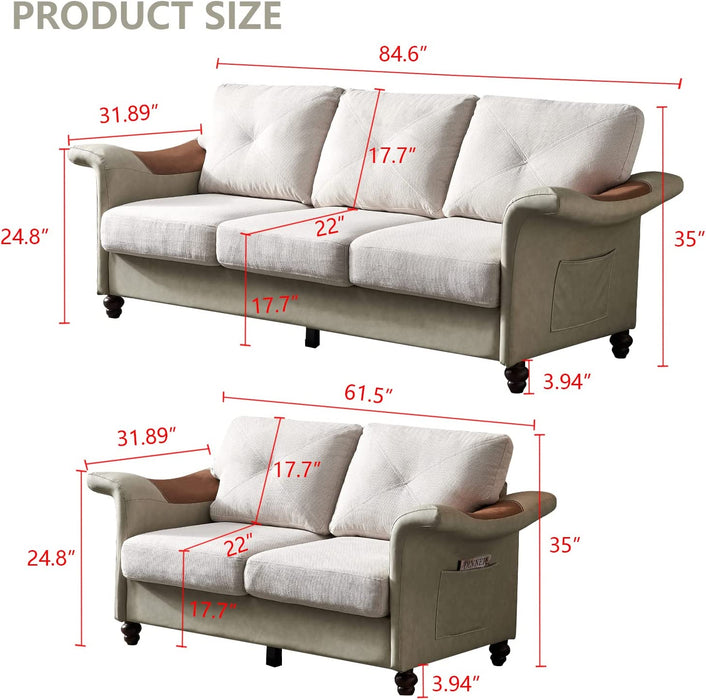 2-Piece Sofa Sets Sectional Living Room Sets with Linen Fabric Faux Leather & Solid Wood Legs Upholstered Couches Sets with 3-Seat Sofa, Loveseat for Living Room (Beige)