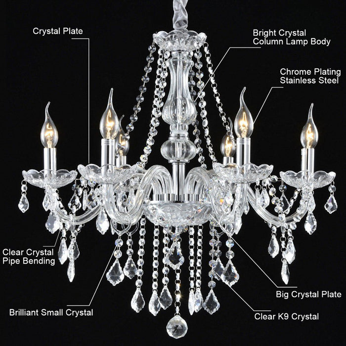 Crystal Chandelier 6 Lights Elegant Pendant Ceiling Lamp for Dining Room Living Room Decoration with Chains