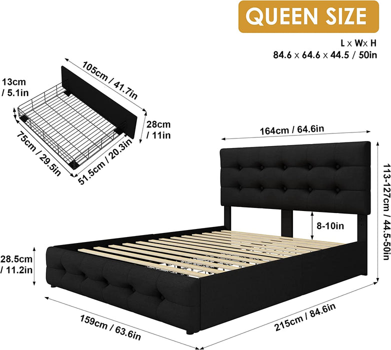 Queen Bed Frame with 4 Storage Drawers, Adjustable Headboard, Wooden Slats