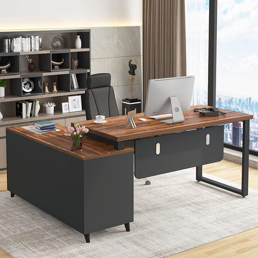 Executive L-Shaped Desk W/ Cabinet Shelves
