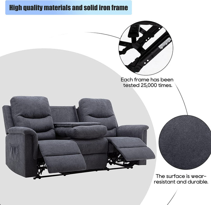 Reclining Sofa, 3 Seater Sofa Recliner with Flipped Middle Backrest, Fabric Reclining Sofa with 2 Cup Holders and Console Slate, Manual Reclining Home Theater Seating for Living Room
