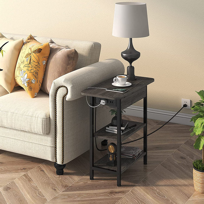 End Table with Charging Station, Flip Top Side Table for Small Spaces, Dark Grey