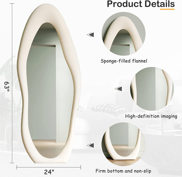 Full Length Mirror, 63" X 24" Wall Mirror, Flannel Wrapped Wooden Frame Full Body Mirror, Irregular Wavy Mirror Hanging or Leaning against Wall for Cloakroom/Bedroom/Living Room, White