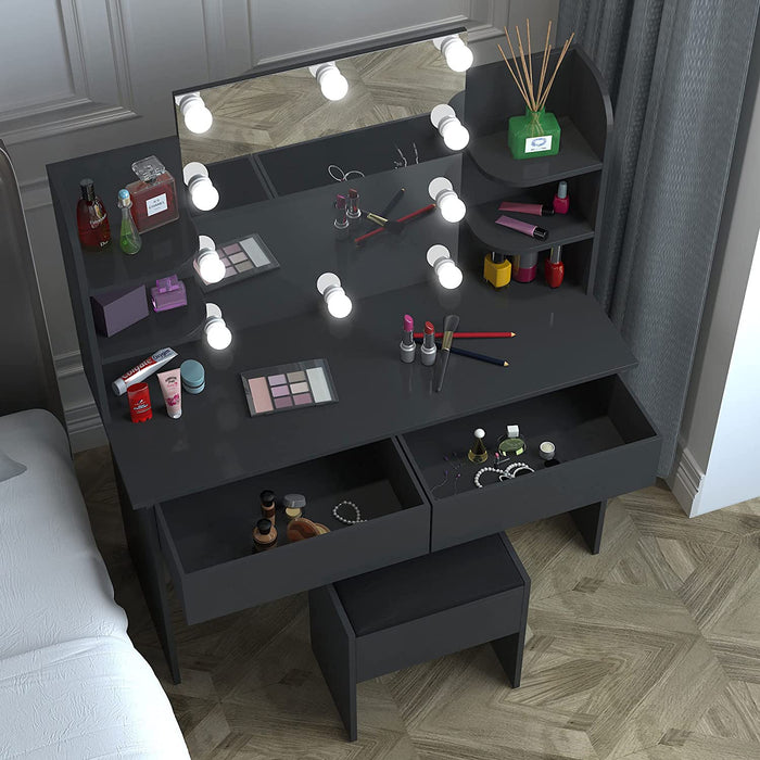 Black Vanity Table Set with Lighted Mirror