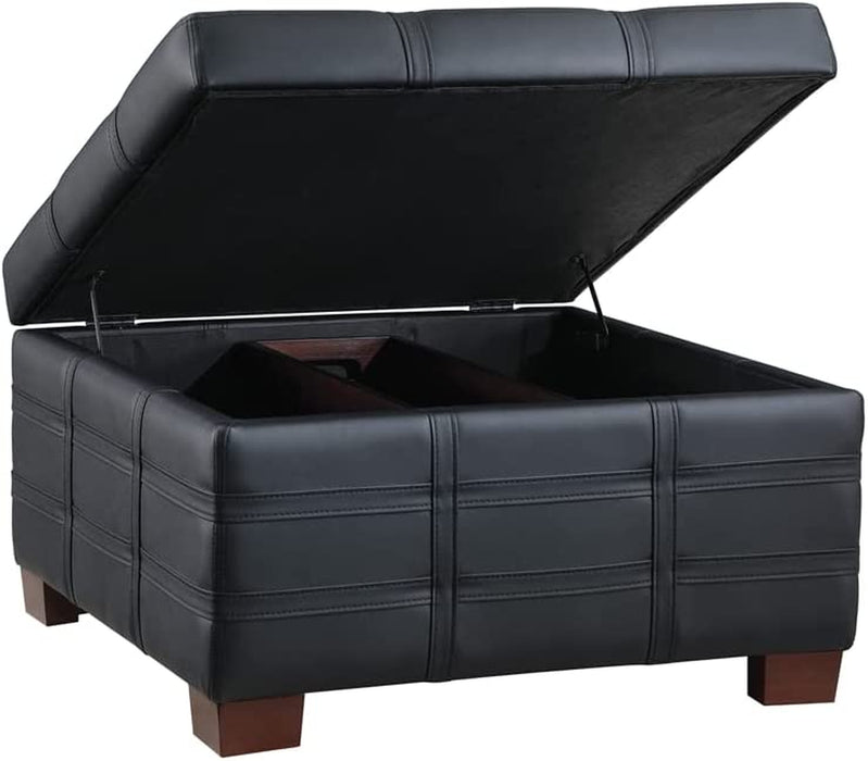 Black Faux Leather Storage Ottoman with Tray