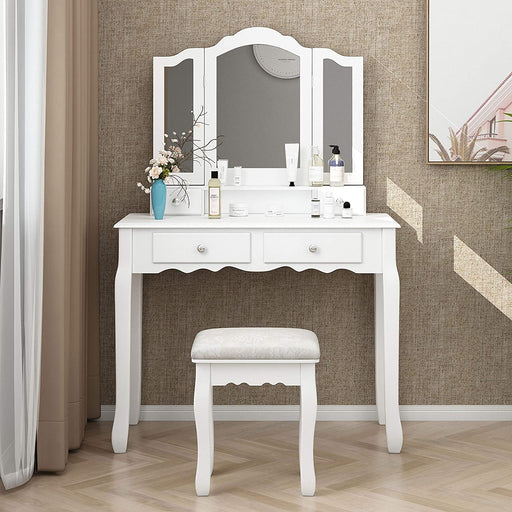 Wooden Vanity Table Set with Cushioned Stool