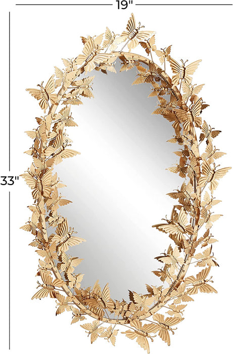 Metal Butterfly Oval 3D Wall Mirror, 19" X 5" X 33", Gold