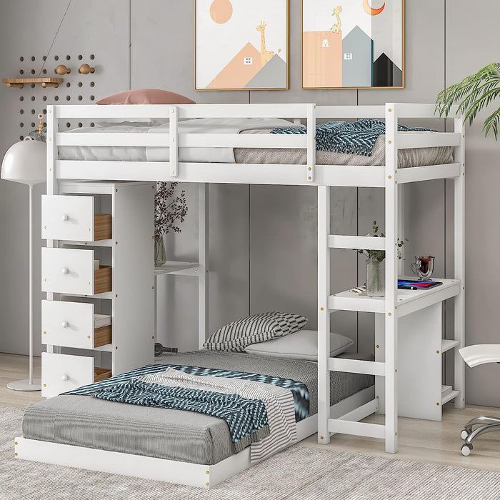 Twin Loft Bed with Desk and Storage Drawers, White