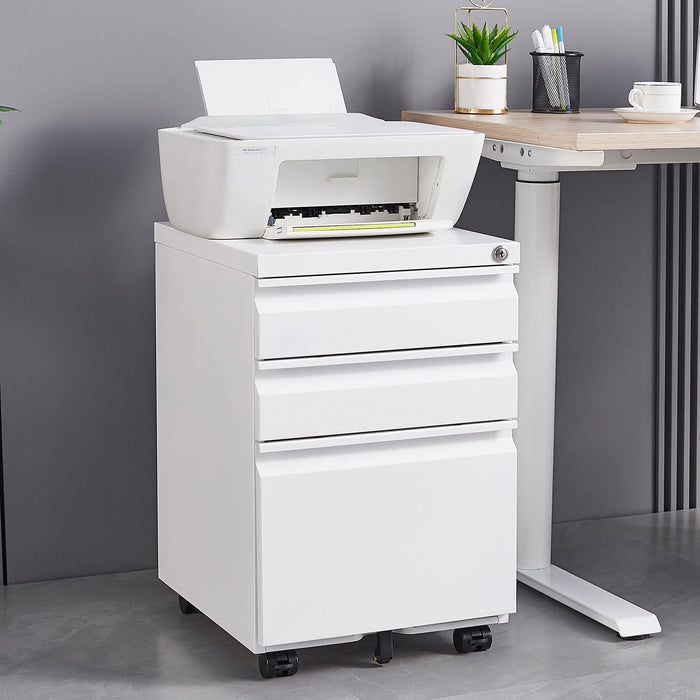 Mobile Anti-Tilt File Cabinet with Lock, White