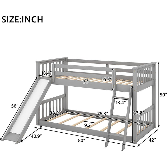 Grey Low Twin Bunk Bed with Slide and Ladder