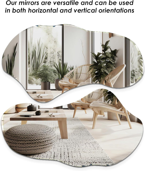 Irregular Wall Mirror, Set of 2, 31.5 X 17.5, Asymmetrical Curvy Groovy Blob Decor for Living Room Entryway Bathroom