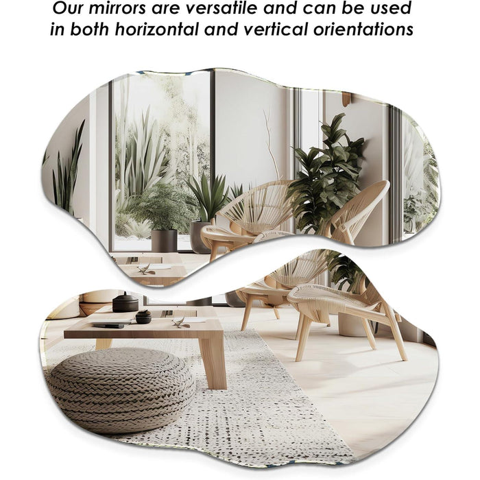Irregular Wall Mirror, Set of 2, 31.5 X 17.5, Asymmetrical Curvy Groovy Blob Decor for Living Room Entryway Bathroom