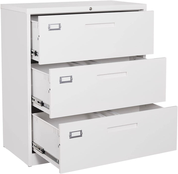 White Metal File Cabinet with 3 Drawers & Lock