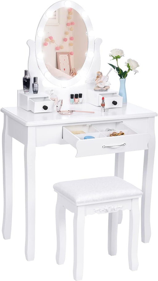 White Makeup Vanity Set with LED Lighted Mirror