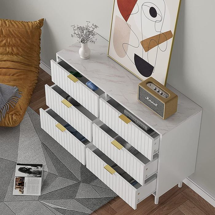 White 6 Drawer Double Dresser, Imitation Marble Texture