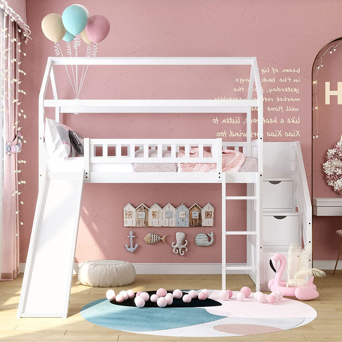 Wood Twin Loft Bed with Slide and Storage Drawers, White+Wood