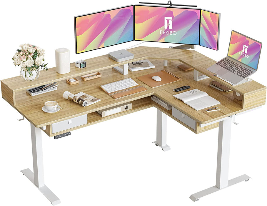 L-Shaped Standing Desk with LED Strip, 63", Natural