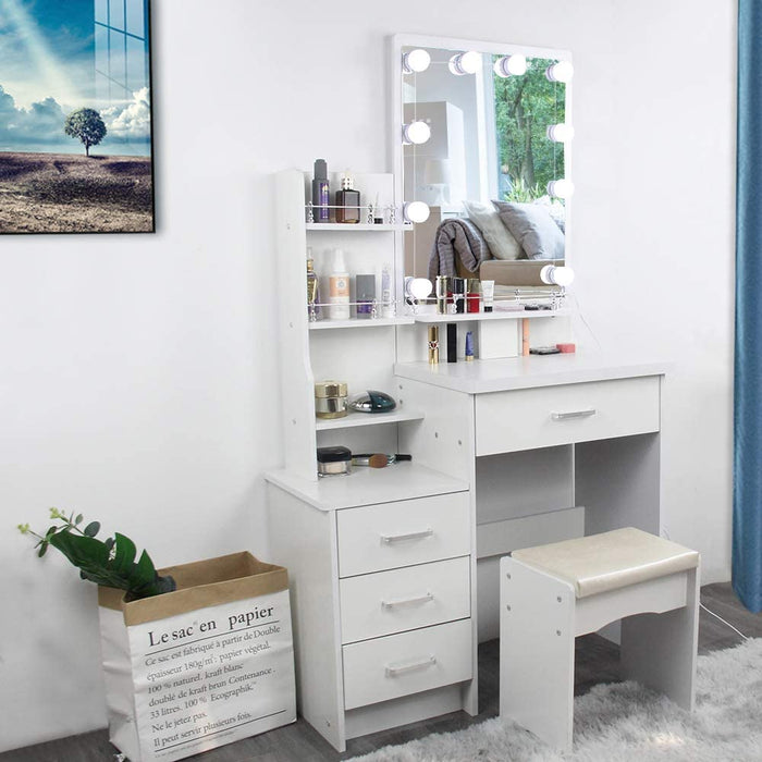 White Vanity Set with Cushioned Stool and Drawers