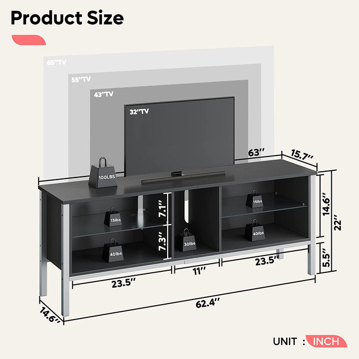 70 Inch TV Stand with LED Light and Glass Shelves