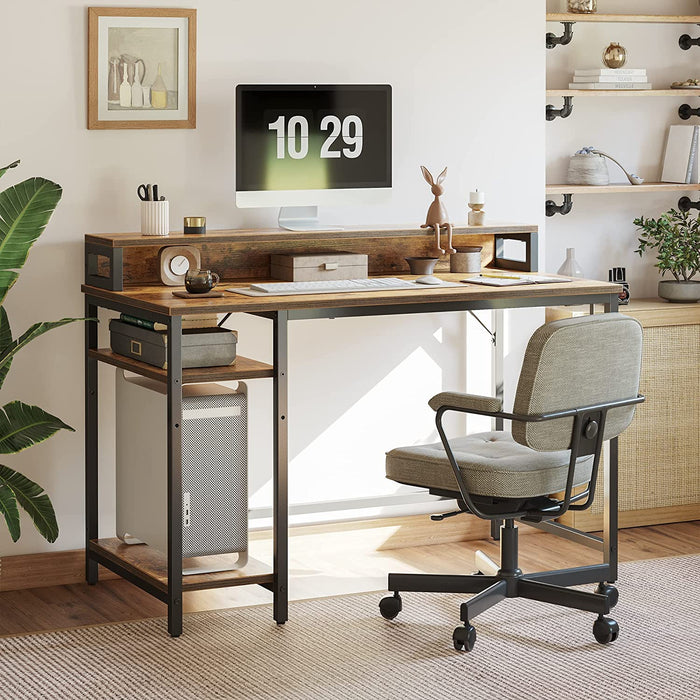 Rustic Brown Computer Desk with Monitor Stand and Storage Shelves