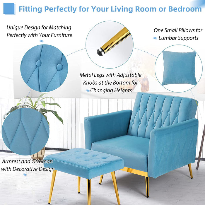 Adjustable Velvet Armchair with Ottoman, Baby Blue