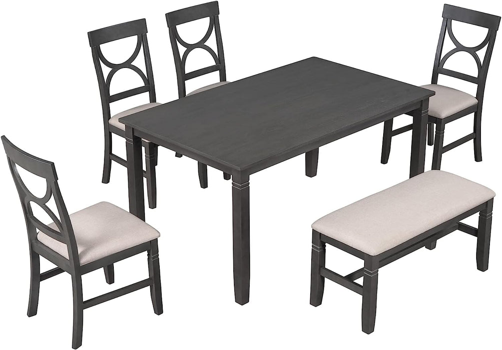 6-Piece Wood Dining Table Set with Upholstered Bench and 4 Chairs