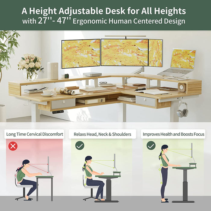 L-Shaped Standing Desk with LED Strip, 63", Natural