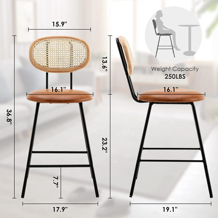 Rattan Back Metal Counter Height Barstools, Set of 4, Whiskey Brown