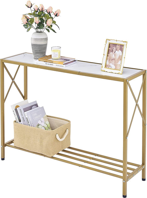 Gold and White Narrow Console Table with Shelves