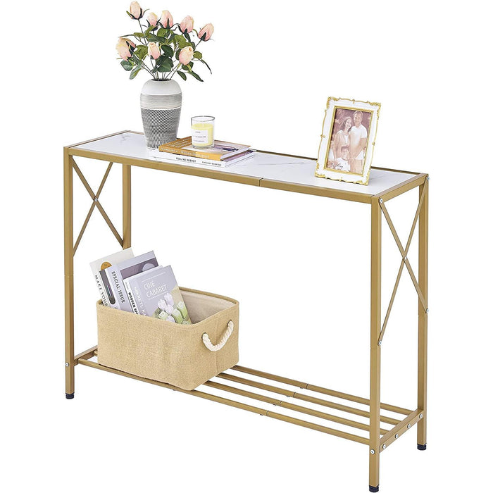 Gold and White Narrow Console Table with Shelves