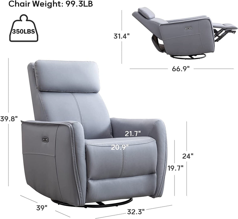 Grey Leathaire Swivel Rocker Recliner with USB Ports