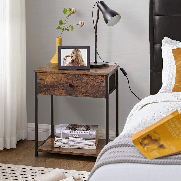 Rustic Brown and Black Nightstand with Drawer and Shelves