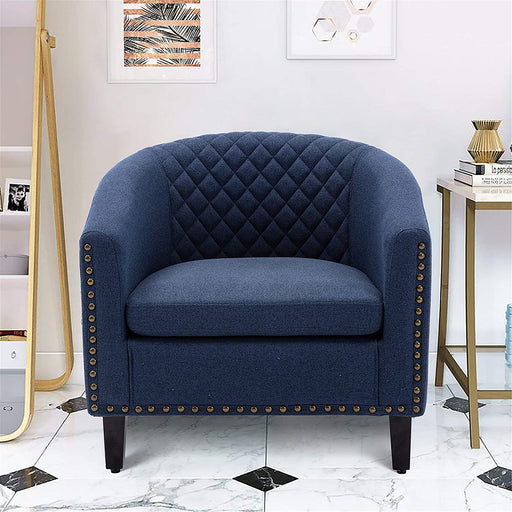 Blue Linen Barrel Chair with Nailheads and Legs