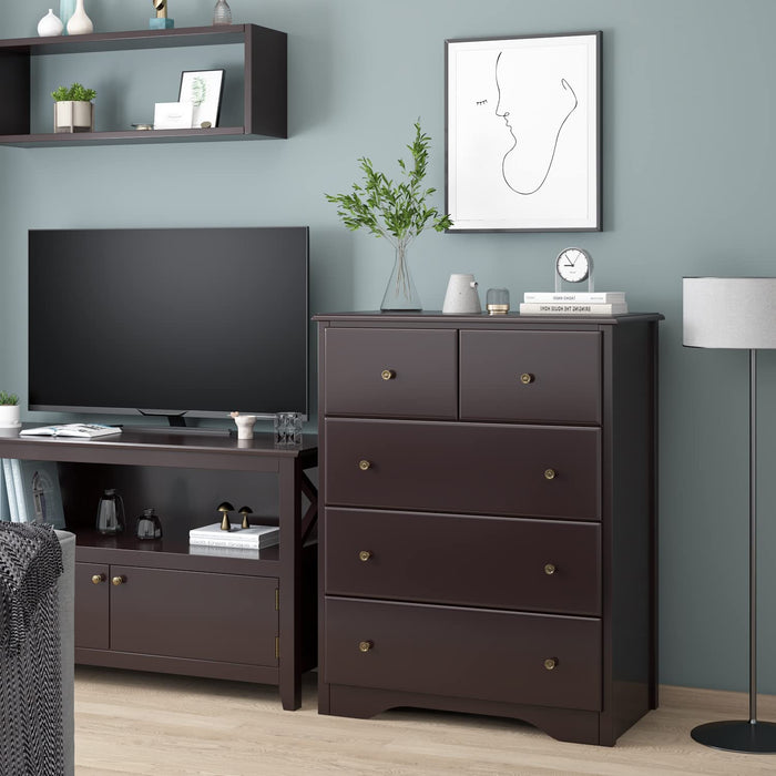 Dark Brown Retro 5-Drawer Wooden Dresser