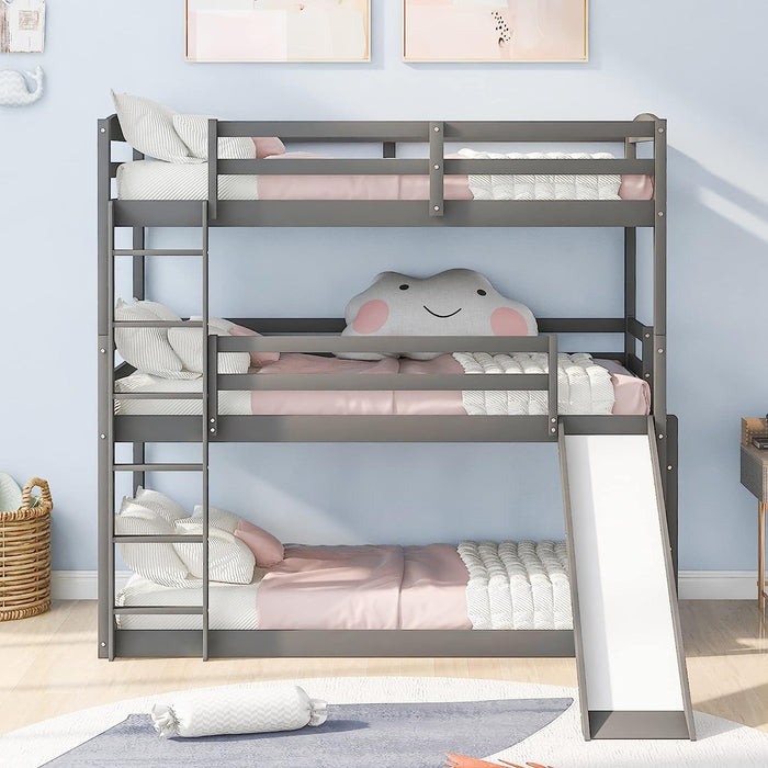 Twin over Twin Triple Bunk Bed with Slide and Guard Rails