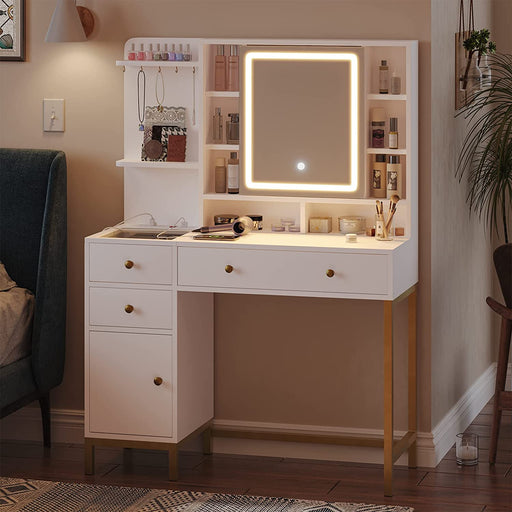 White Vanity Desk with Mirror and Lights in 3 Colors