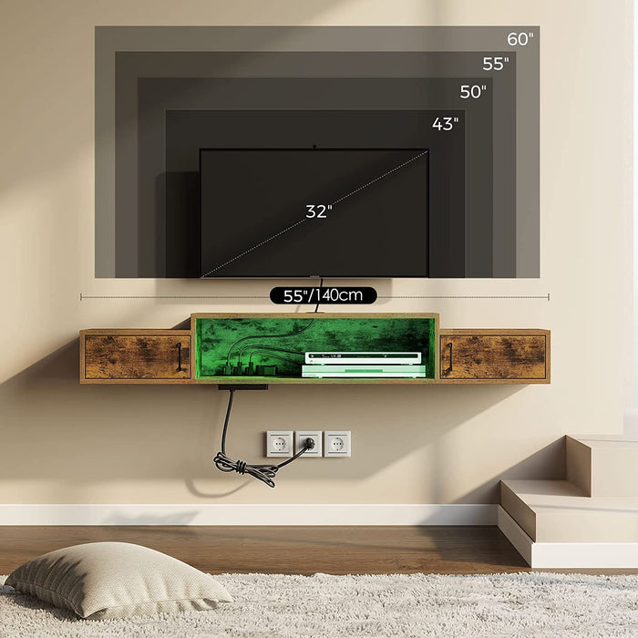 Rustic Brown Wall-Mounted Entertainment Shelf with Power Outlet