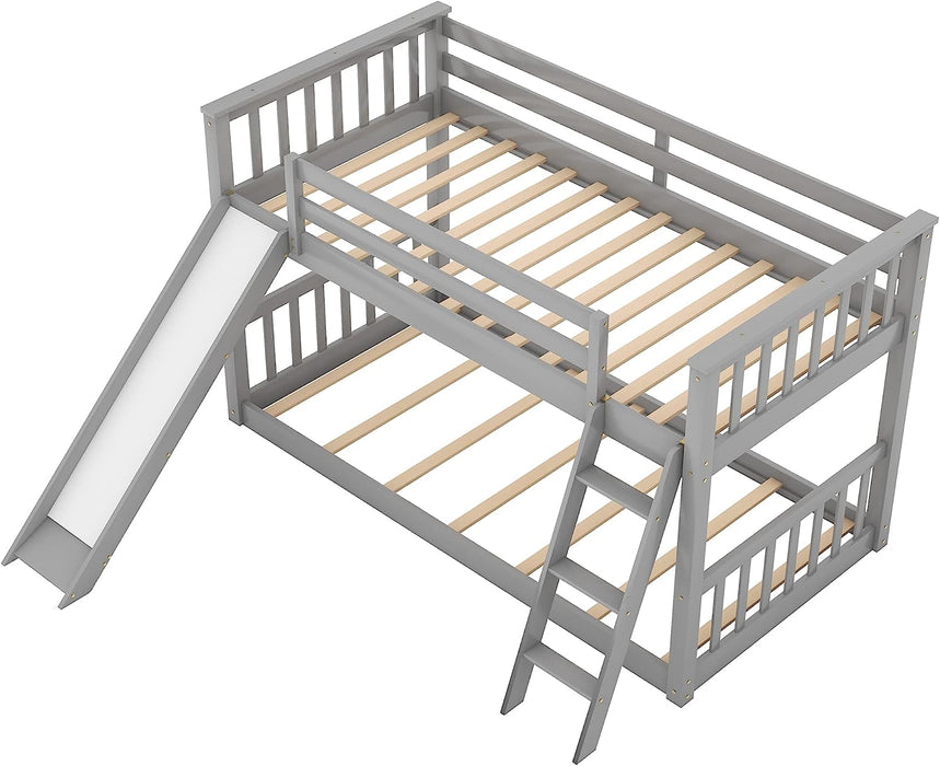 Grey Low Twin Bunk Bed with Slide and Ladder