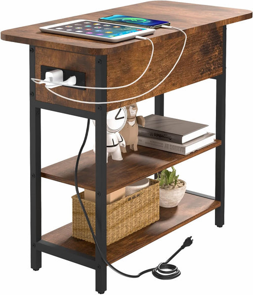 Charging End Table with USB Ports and Outlets, Narrow Nightstand