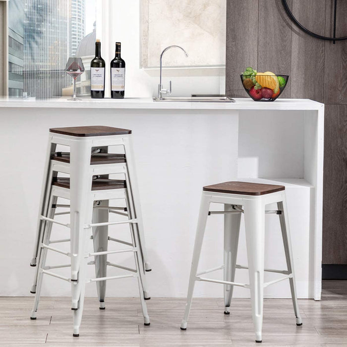 Backless Industrial Metal Bar Stools, Set of 4, White