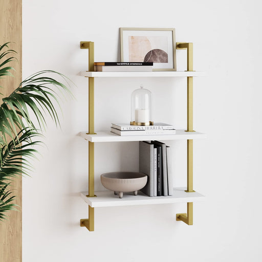 Small White/Gold Wall-Mounted Bookcase with Industrial Frame