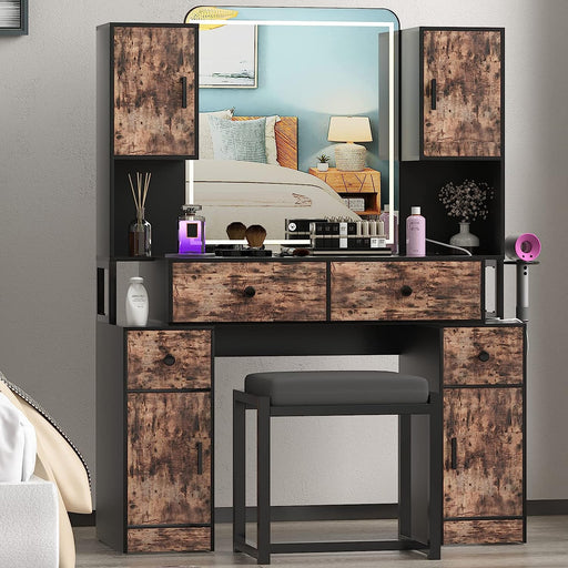 Brown Vanity Set with LED Lights, Mirror, and Shelves