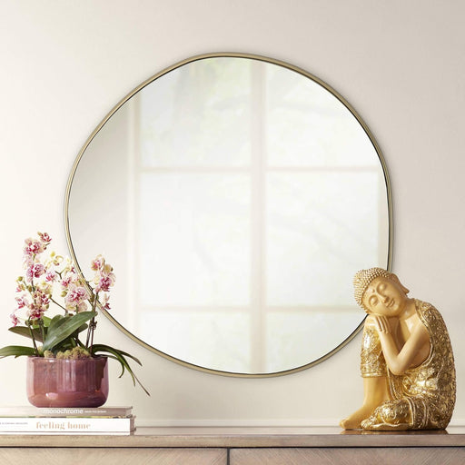 Rorschach Uneven round Vanity Decorative Wall Mirror Modern Champagne Gold Slender Wood Frame 30" Wide for Bathroom Bedroom Living Room Home House Office Entryway