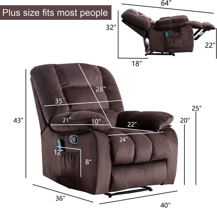 Massage Recliner Chair with Heat and Overstuffed Fabric (Brown)