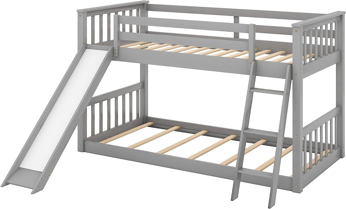 Grey Low Twin Bunk Bed with Slide and Ladder