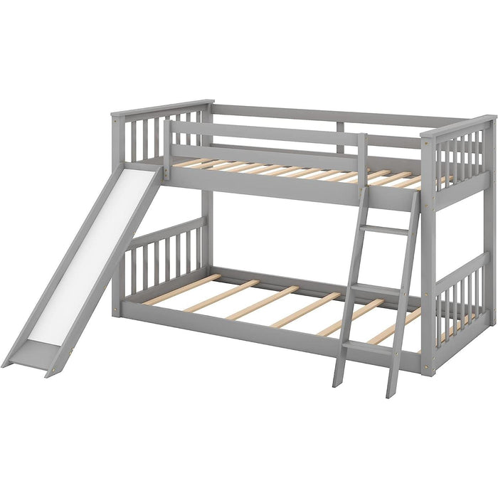 Grey Low Twin Bunk Bed with Slide and Ladder